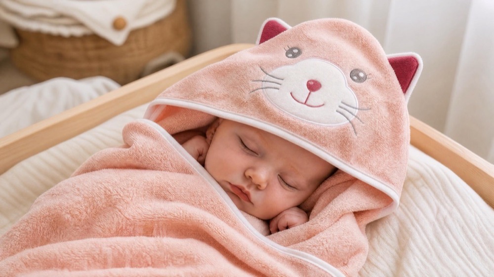 The Cat hooded towel on a baby