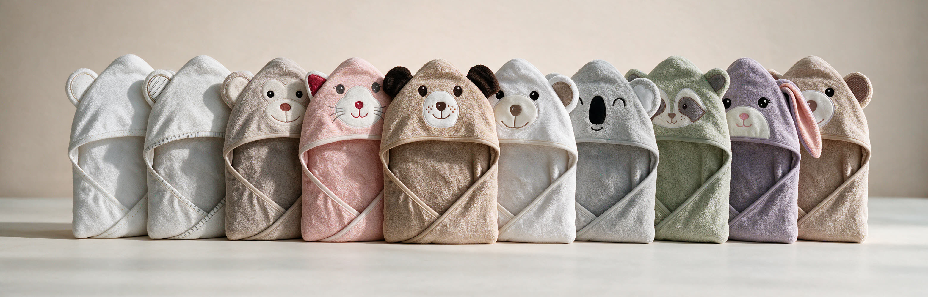 Ten MiniBoo hooded towels folded and standing in a row against a warm studio wall: two plain white, the Monkey in cream, the Cat in pink, a tan Bear, a white Bear, the grey Koala mid-wink, the Raccoon in sage, the Bunny in lilac and a beige Bear