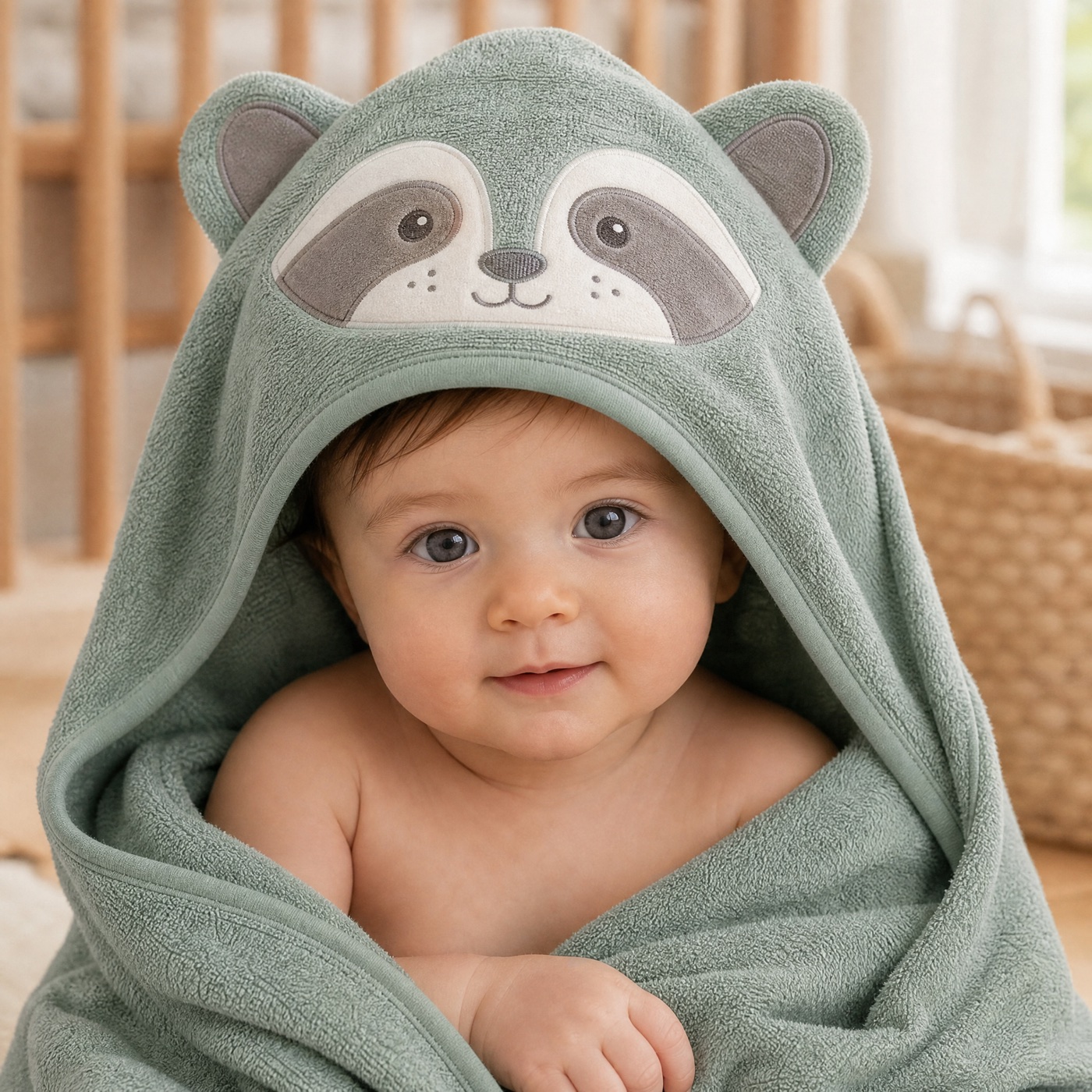 Baby in the sage green Raccoon hooded towel